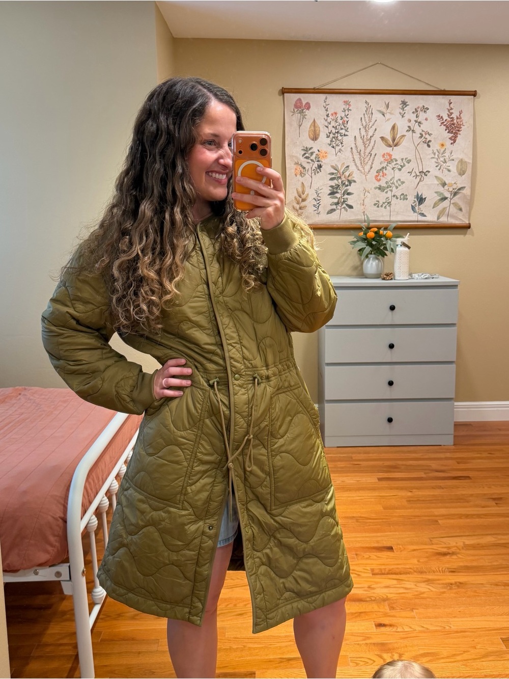 Gap Upcycled Puffer Olive Quilted Long Puffer Coat with Drawstring Waist Large